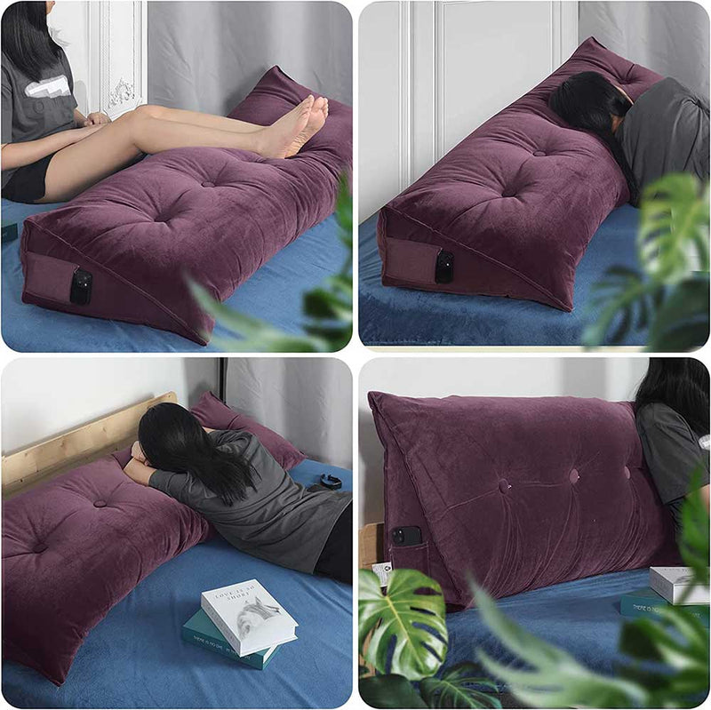 Gorilla Gadgets Large Reading Bed Rest Pillow - Triangular Headboard Wedge Pillow, Backrest Positioning Support, Velvet Cover (Burgundy)