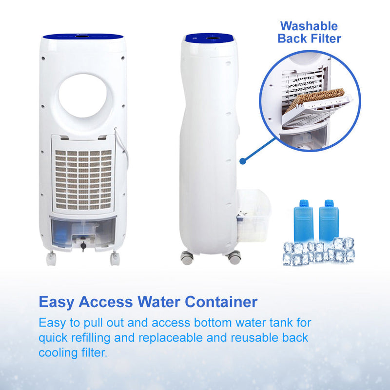 Portable Evaporative Air Tower Fan - Ice Packs, Blade-less, Remote Control