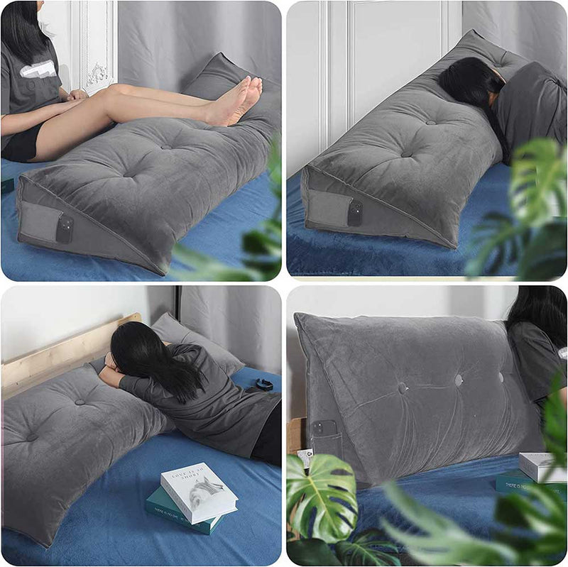 Gorilla Gadgets Large Reading Bed Rest Pillow - Triangular Headboard Wedge Pillow, Backrest Positioning Support, Washable Velvet Cover (Dark Gray)