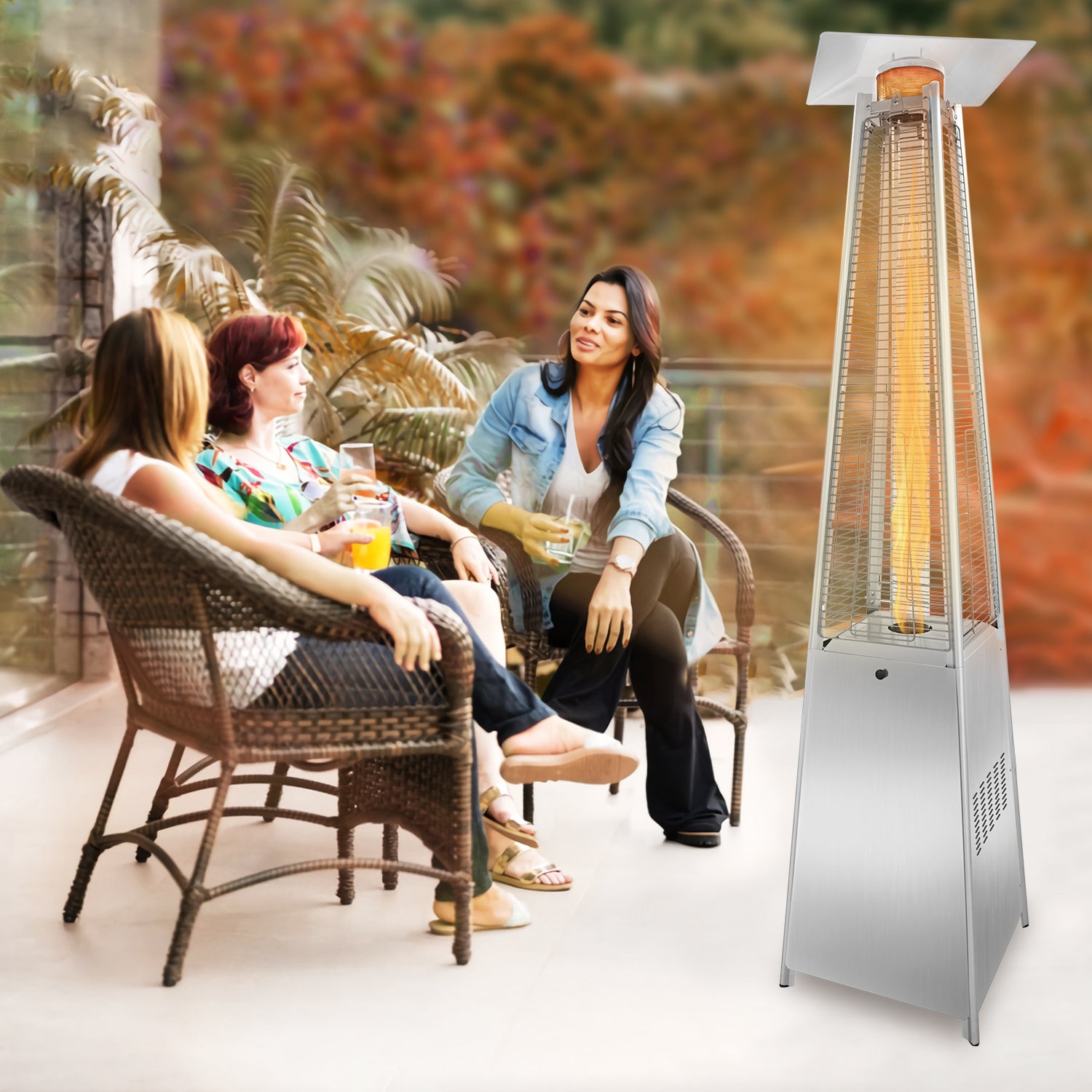 People sitting outdoor beside an electric heater