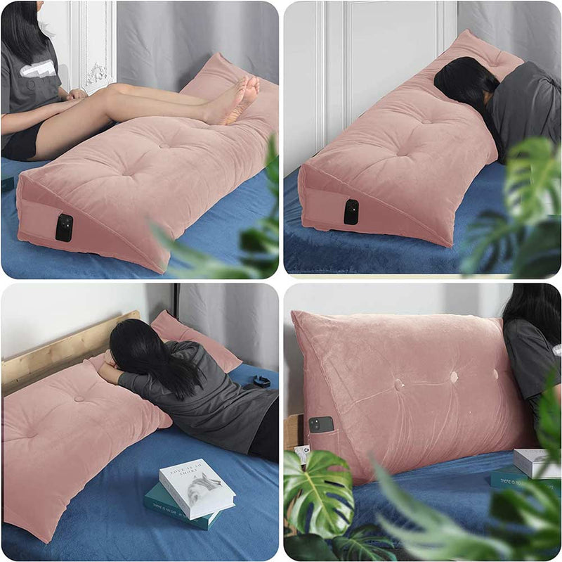 Gorilla Gadgets Large Reading Bed Rest Pillow - Triangular Headboard Wedge Pillow, Backrest Positioning Support, Washable Velvet Cover (Pink)