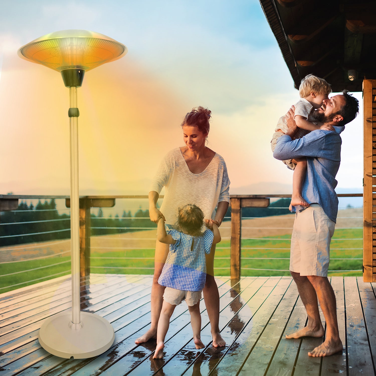 Family playing outdoor beside an outdoor patio heater
